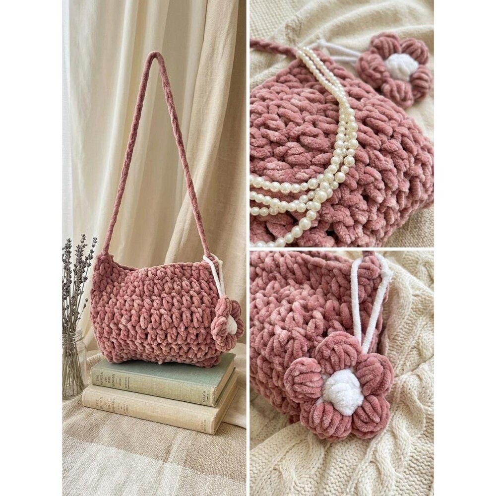Handmade Chunky Crochet Shoulder Bag | Dusty Pink